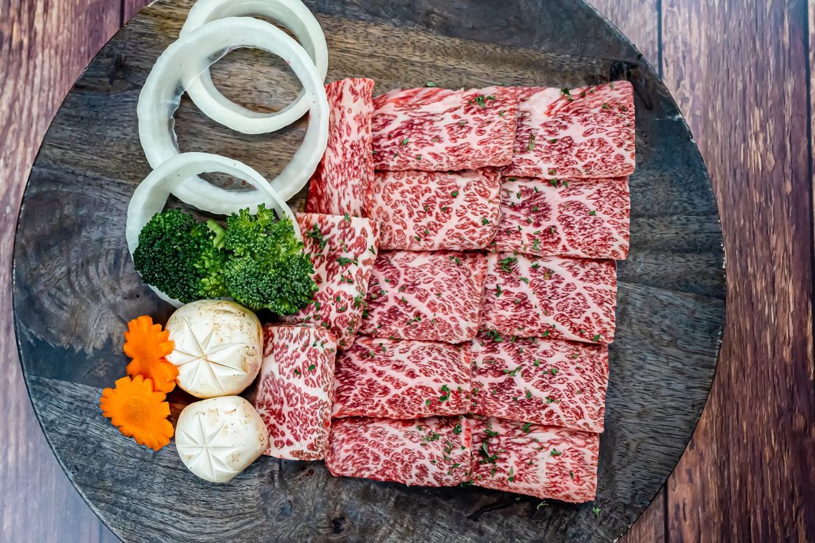 Sliced marbled Japanese Wagyu plated — placeholder photo